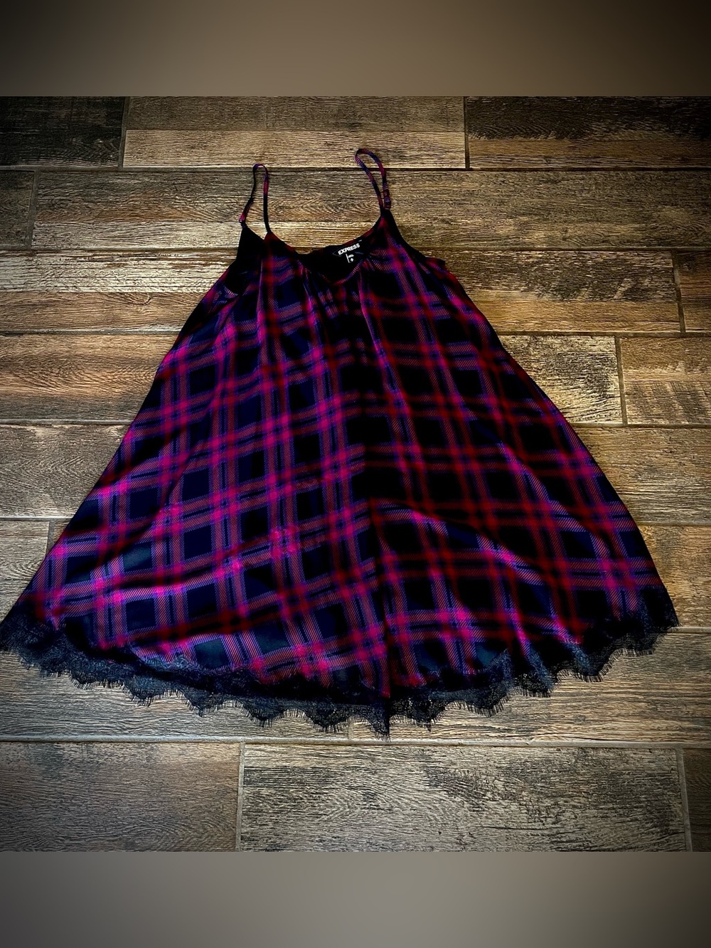 Express red blue and black plaid dress with lace trim M